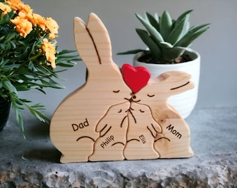 Rompecabezas de madera personalizado de familia de conejos: regalo de conejito de Pascua
