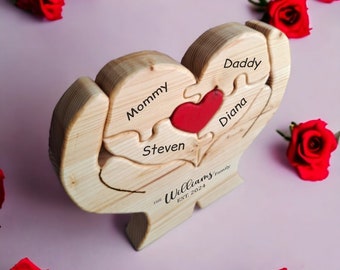 Rompecabezas familiar de madera con forma de corazón personalizado: recuerdo del Día de la Madre