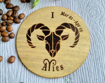 Posavasos de madera del zodiaco Aries: posavasos de madera contrachapada de abedul pirograbado para taza de café