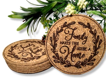 Set Of 6 Cork Coasters With Family Quotes - Handcrafted Coasters Made from Cork | Great Gift Ideas for Family | Round Coasters