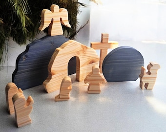 Escena de Pascua de madera: Decoración cristiana de tumba vacía hecha a mano