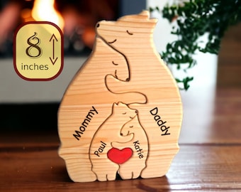 Rompecabezas personalizado de familia de osos: regalo de madera quemada a mano con nombre