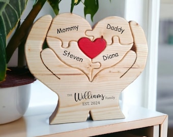 Rompecabezas de corazón de madera quemada personalizable: regalo familiar personalizado