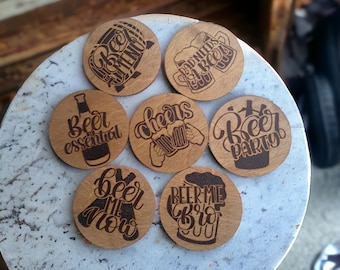Posavasos de cerveza pirograbados: juego de 7 posavasos de madera de abedul