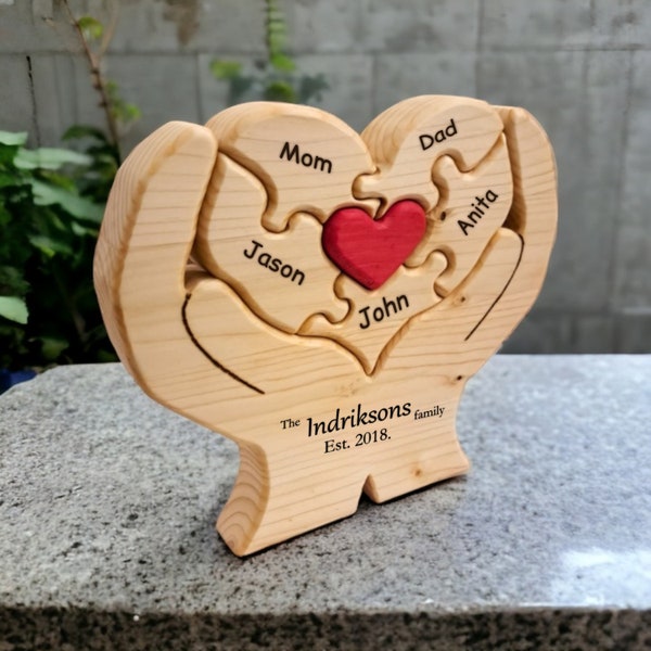 Heart Shape Wooden Family Puzzle, Personalized Family Gift, Custom Engraved Family Keepsake