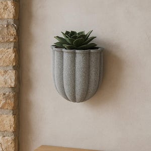 Könnte beinhalten: Ein grauer, strukturierter Wandtopf mit geripptem Design, der eine grüne Sukkulentenpflanze enthält. Der Topf ist an einer hellen Wand befestigt. Die Gesamtästhetik ist minimalistisch und modern, geeignet für den Innen- oder Außenbereich.