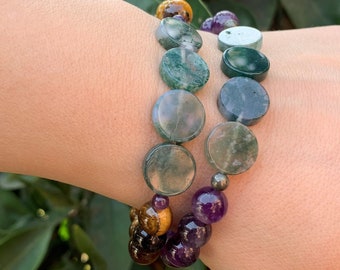 Moss Agate disks (2 STONE CHOICES) bracelet for healing and manifestation