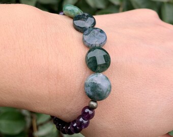Facettierte Manifestation Armband aus Moosachat, Amethyst und Pyrit