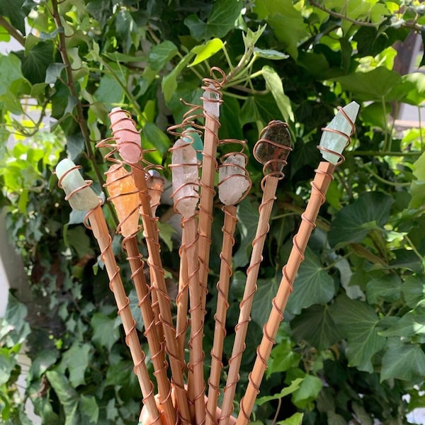 Electroculture gardening stakes with copper and crystals