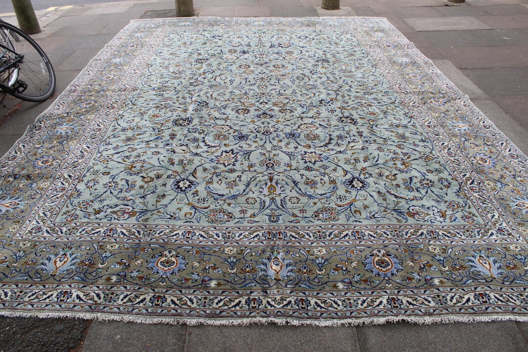Vintage Traditional Hand Made Oriental Wool Green Blue Large Carpet ...