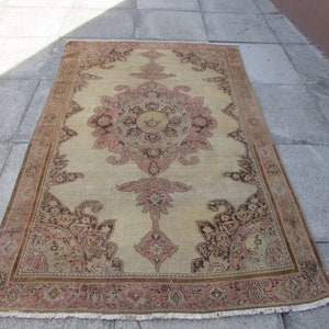 Antique Worn  Traditional Hand Made Oriental Wool Faded Beige Brown Pink Aqua Large Rug 202x135cm