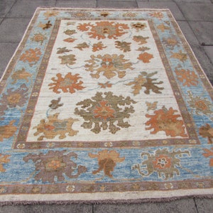 Vintage Hand Made Hand Made Traditional Turkish Oushak Oriental White  Blue Rug Large Carpet 252x192cm 8'5"x6'5"