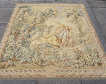 Vintage French Aubusson Tapestry: Hand-Woven Wool, Pastoral Scene (6'2"x6')