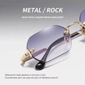 May include: Rimless sunglasses with a gradient purple lens and gold frames. The text "METAL / ROCK" and "HEAVY METAL SQUARE FRAME SUNGLASSES" is visible. The glasses have a steampunk style. The frame measures approximately 14 cm.