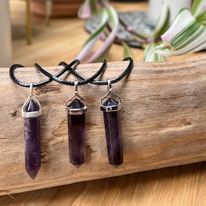 AAA Amethyst Point Crystal Necklace with Black Cord Sterling Silver Clasp and mount
