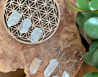 Clear Quartz Crystal Keyring - Silver Keychain