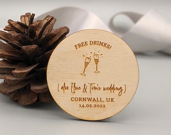 FREE DRINKS | Wooden Save the Date Magnet Invitation (handwritten font)