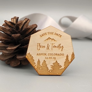 FOREST PINES | Wooden Save the Date Magnet Invitation (handwritten font)