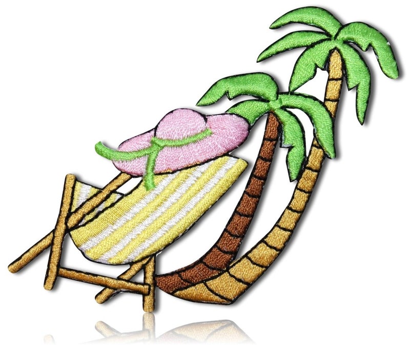 Yellow, Brown Glue-On /& Iron-On Patch w Beach Tropical Palm Tree Sun Hat Chair Scene Vacation Style 1 of Sew-On Custom Made 3 Inch