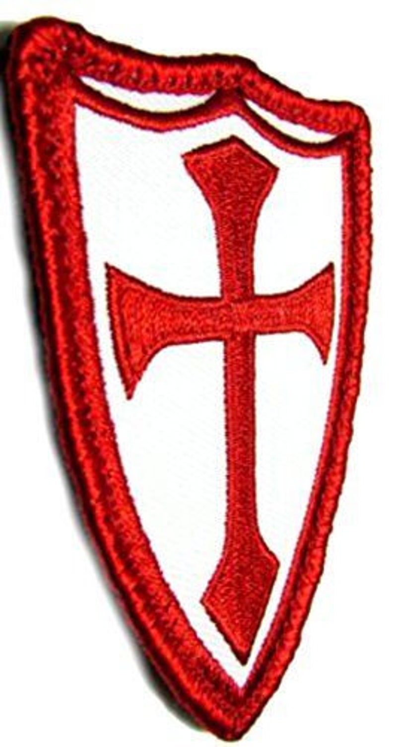 3.2 x 2 Inches 1 of Hook and Loop Fastener Patch w Religious Cross Crusader Shield Navy Seals US Army Badge Red, White Custom Made