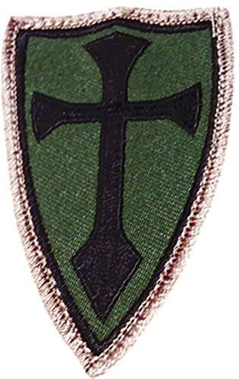 Custom Made 3 x 2 Inches Green, Black 1 of Hook and Loop Fastener Patch w Small Outlined Shield Crusader Cross Silhouette Design