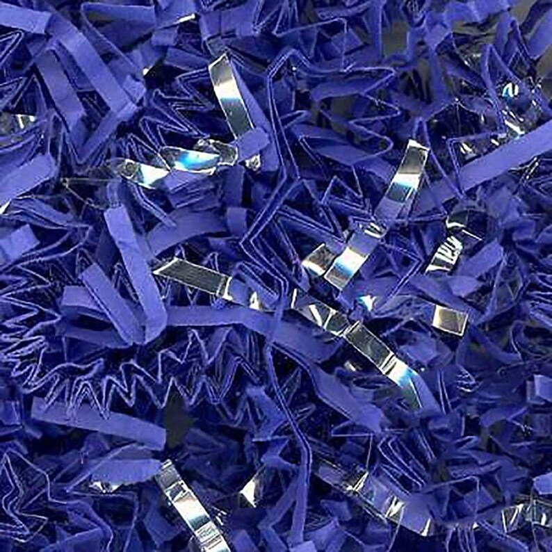 Custom /& Unique {8 Ounces} of Blue Silver ZigZag Crinkle Cut Deep Nautical Masculine Metallic Mix Style Shredded Gift Basket Filler Paper
