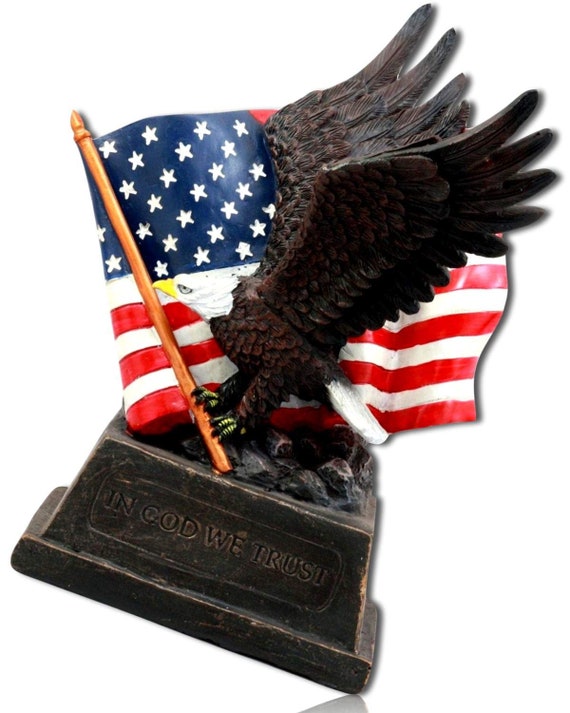 Beautiful Eagle with American Flag Bronze Finish Sculpture Statue Patriotic Gift
