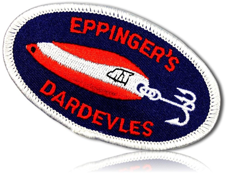 3.5 x 2 Inch Custom Made Blue, Orange Glue-On /& Iron-On Patch w Eppinger/'s Dardevles Outdoors Sportsman Fishing Lure 1 of Sew-On