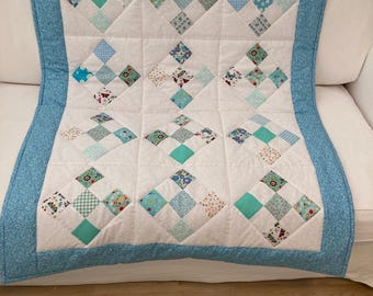 Handmade Cot Quilt. Cotton Fabric. Blue Green White.Traditional Patchwork.Nursery Bedding. Baby Room. Baby Gift 34'' x 43'' (34.5cm x 109cm)