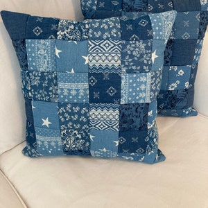 Pair Patchwork Cushions. Quilted. Chambray. Denim Blue. Lounge Decor. Bedroom. Teenage Room. Throw Cushions. 18'' x 18'' (45.5cm x 45.5cm)