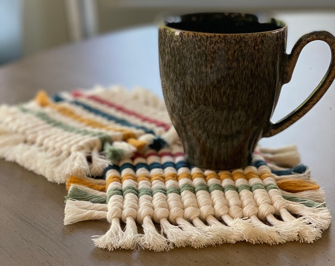 Macrame coasters “Cottage” Series, square set of four striped coasters. Beautiful Gift!