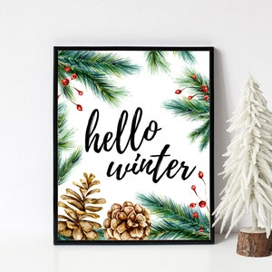 8x10 Hello Winter Wydrukowana Sztuka Ścienna, Znak Hello Winter, Zimowa Sztuka Ścienna, Zima Wydrukowana, Sosny, Szyszki Sosnowe, PDF