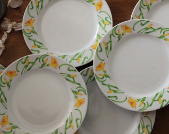 6 porcelain dessert PLATES with yellow flower pattern, vintage ceramic tableware