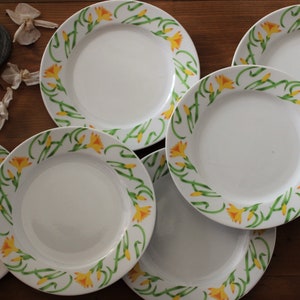 6 porcelain dessert PLATES with yellow flower pattern, vintage ceramic tableware