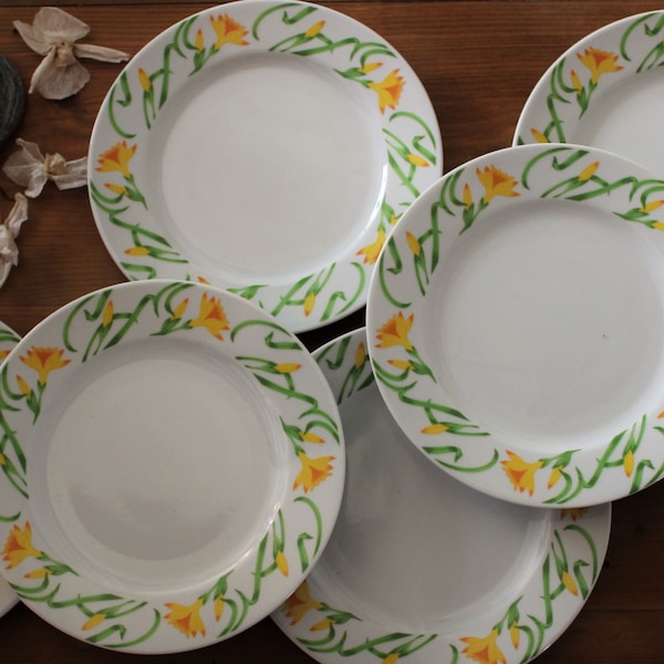 6 ASSIETTES dessert porcelaine motif fleurs jaunes, vaisselle vintage céramique