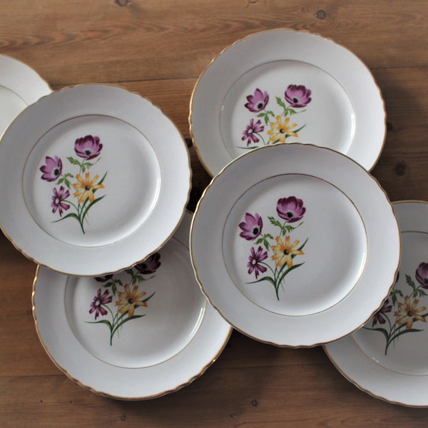 6 ASSIETTES plates faïence française "Orchies, Moulin des loups" motif fleurs, vaisselle vintage céramique
