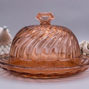 Pink glass PLAT with bell, vintage pressed glass dish, cheese cake dish