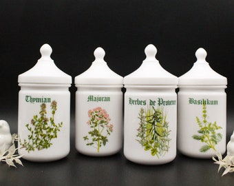 4 pequeños POTS de especias vintage opalina mejorana albahaca, viejo vaso de leche ARCOPAL