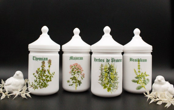 4 small vintage spice POTS opaline marjoram basil, old ARCOPAL milk glass