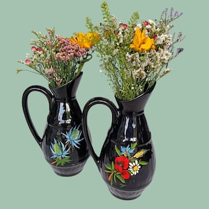 2 vintage black ceramic VASES/PITCHERS, handmade flower decor, France