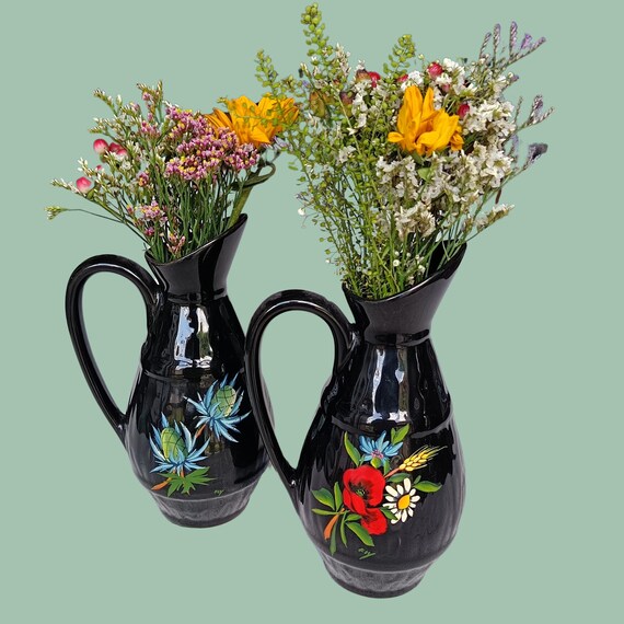 2 vintage black ceramic VASES/PITCHERS, handmade flower decor, France