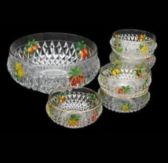 Superb transparent DESSERT SERVICE, pressed glass salad bowl, 60s, vintage glass bowls France