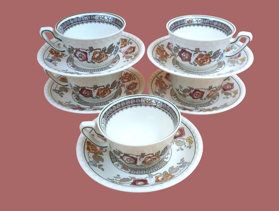 5 large CUPS and SAUCERS, vintage Villeroy and Boch model "Nanking" V&B Germany, hand painted