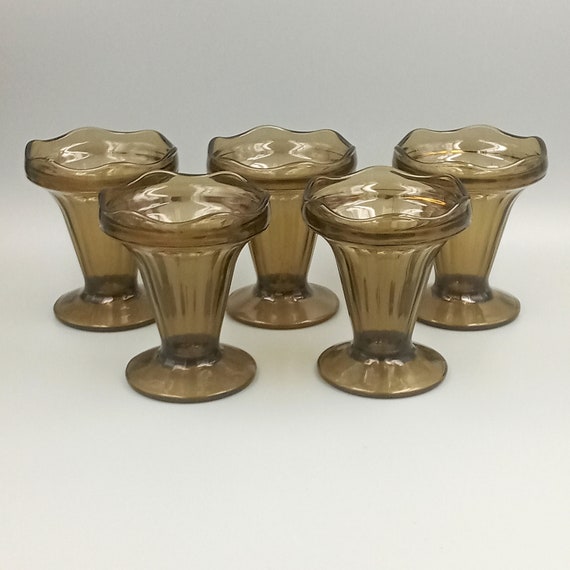 5 dessert cups, smoked glass ice cream, vintage French 80s style
