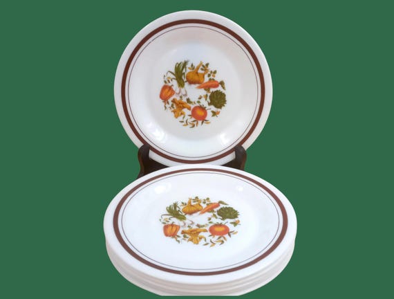 6 white opaline dessert PLATES decorated with vegetable pattern Arcopal France