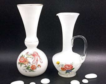 Duo of VASES in vintage white milk glass, Asian inspired decor, retro chic
