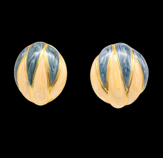 Vintage 80s blue beige enameled gold EAR CLIPS