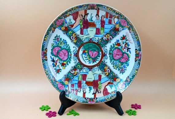PLATE Hand painted, Chinese porcelain, Rose Medallion, Bird, vintage Macao