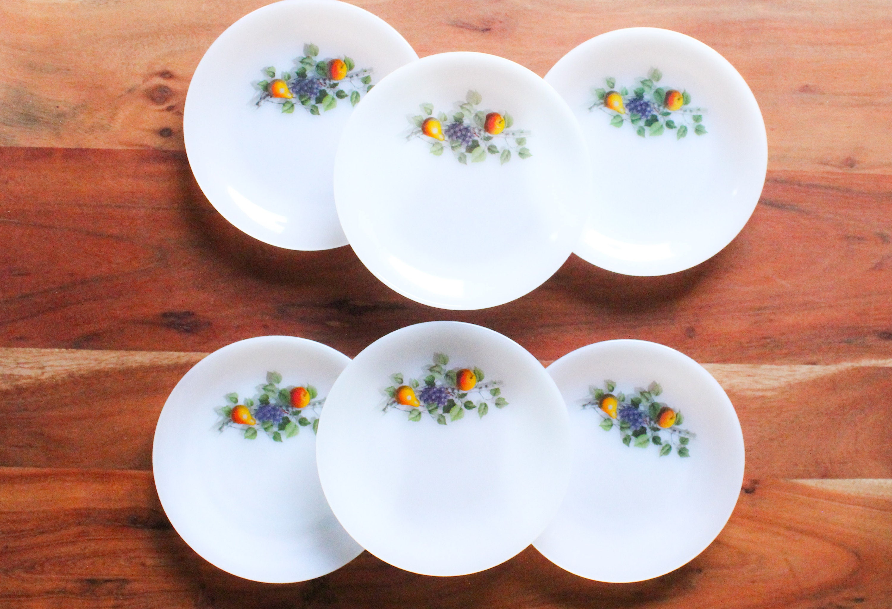 6 Assiettes à Dessert Opaline Française Arcopal Motif Fruits d'automne