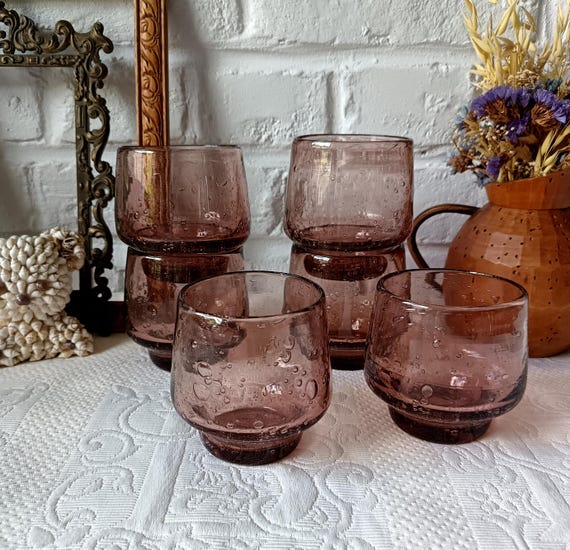 Plum-colored glasses in a bubbly green, Biot-style, vintage, French, mouth-blown